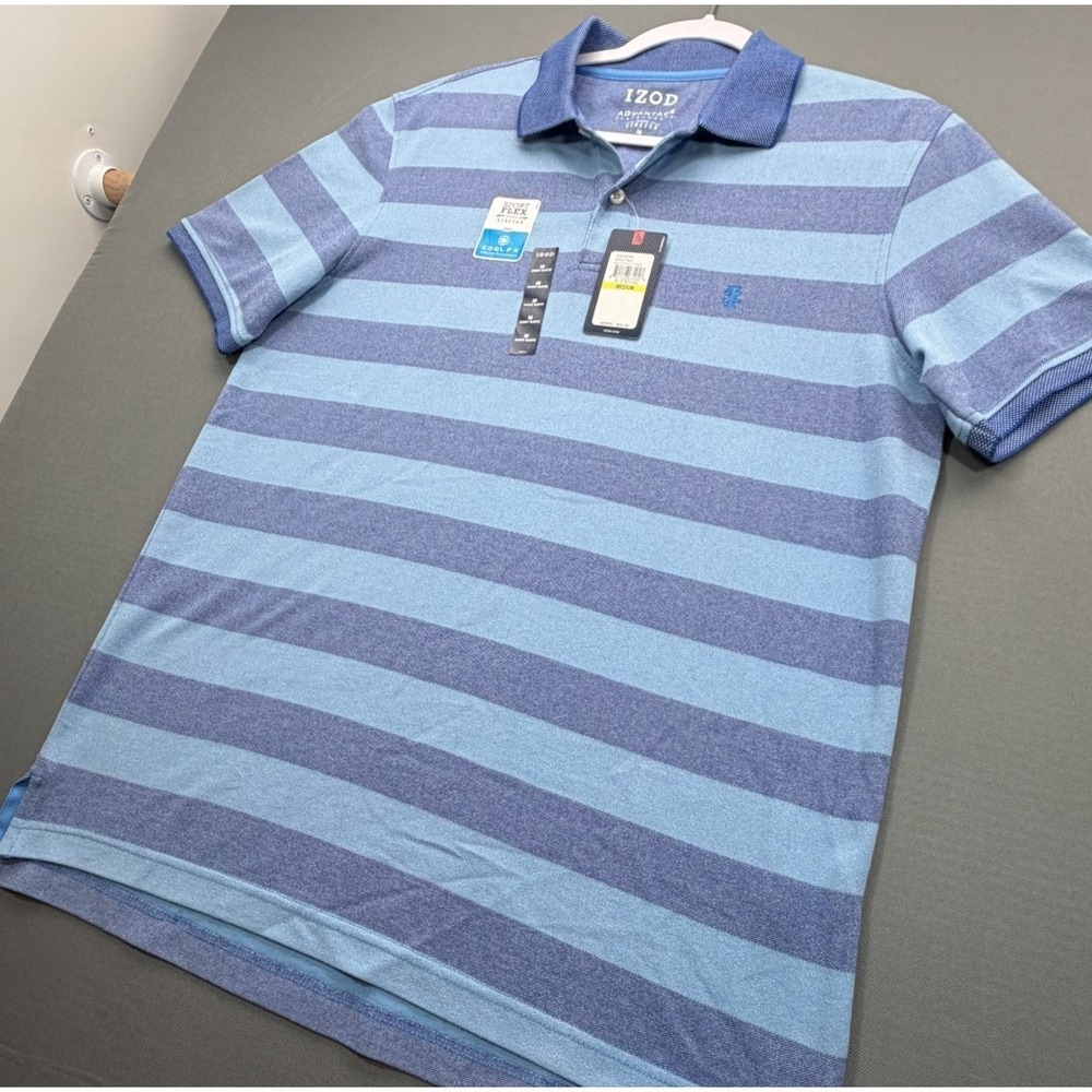IZOD Polo Shirt Mens M Blue Revival Striped Cotton Blend Sport Flex Golf NWT